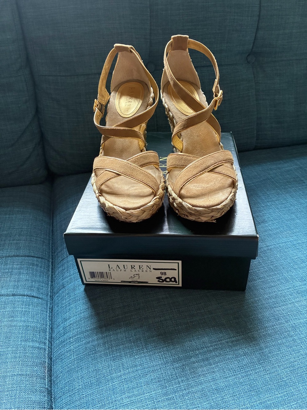 Ralph Lauren Tan Suede Espadrille Wedge Sandals